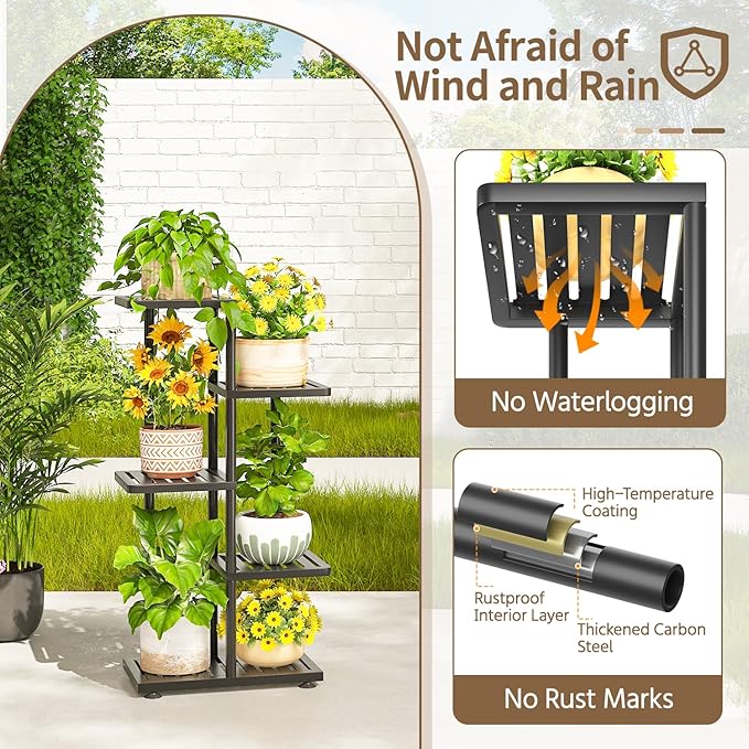 LASZOLA 4 Tier Plant Stand Indoors Outdoors for Large Heavy Duty Planter, Black Metal Tall Flower Holder Rack with Multiple Shelf for Modern Patio Corner, Vertical Organizer, Weather Resistant Bracket