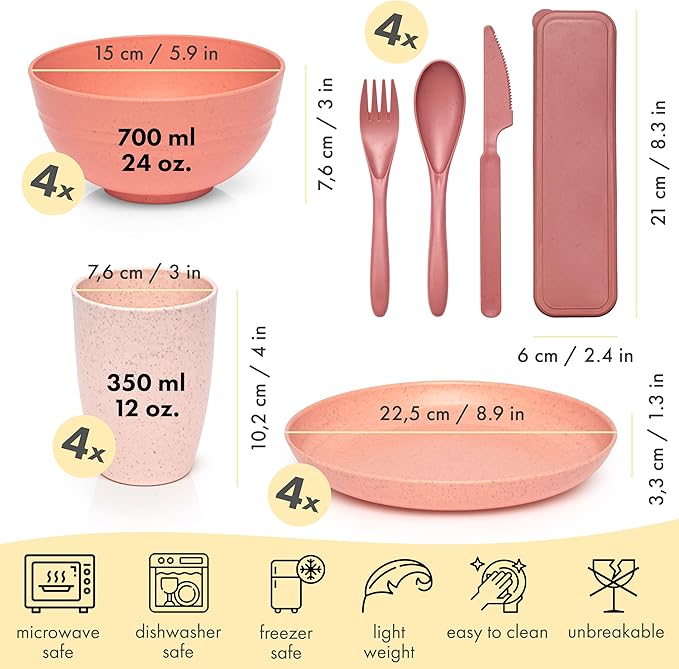 FOODLE Wheat Straw Dinnerware Set - BPA Free & Safety Tested - Unbreakable, Microwave & Dishwasher Safe Dishes - Toddler & Kids Plates and Bowls Sets - College Dorm Room Essentials for Girls - For 4