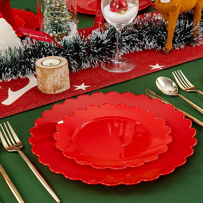 SUT 72Pcs Red Plastic Plates,10.25inch Red Dinner Plates, Disposable Dinner Plates, Red Heavy Duty Plastic Plates, Disposable Plates, Red Scallop Plastic Plates for Party