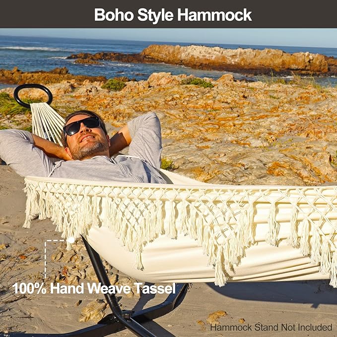 JoyView Boho Macrame Single Hammock with Hanging Ropes & Elegant Tassels 78.8x39.4 Portable Cotton Hammock for Patio Backyard Porch 300LBS Weight Capacity Perfect for Outdoor/Indoor - Beige Color
