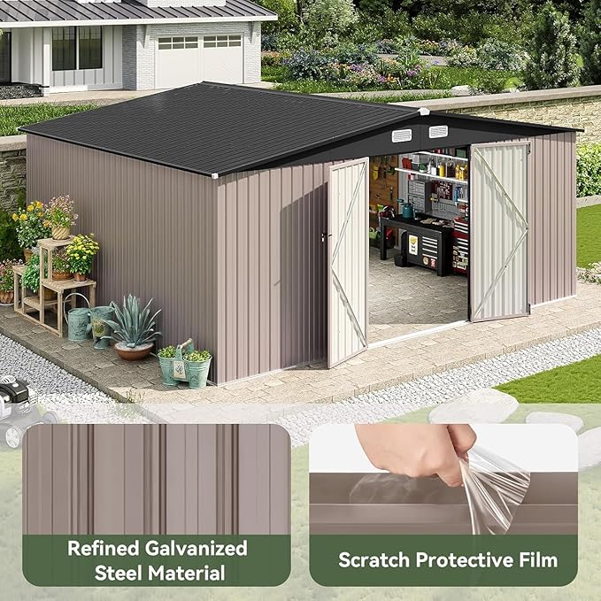 Aoxun 14x12 FT Shed Outdoor Storage Shed with Spacious and Tall Doors, Large Shed Steel Utility Tool Shed Storage House with Door & Lock, Metal Sheds with Sloped Roof for Garden Patio Poolside, Brown