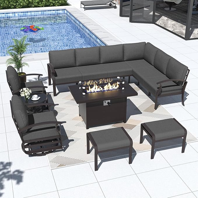 Kurapika Patio Furniture Set 10-Piece Aluminum Sectional Sofa with Armrest, Modern Outdoor Conversation Set w/55000 BTU Propane Fire Pit Table, Metal Corner Sofa with Ottoman, Black