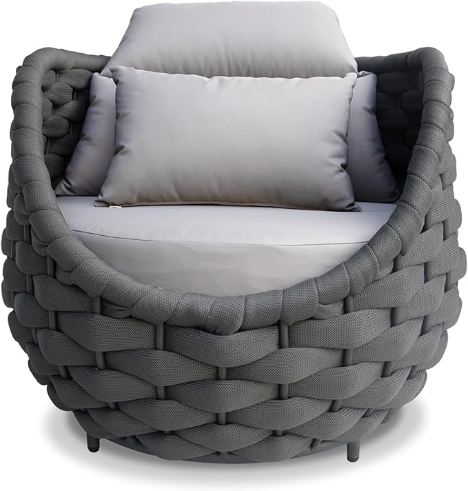 Woven Rope Outdoor Chair: Aluminum Patio Accent Chair with Arms - Assembled Cushioned Lounge Chair for 400lbs - Morden Porch Furniture Seating for Deck Balcony Garden Pool Backyard Hotel Resort