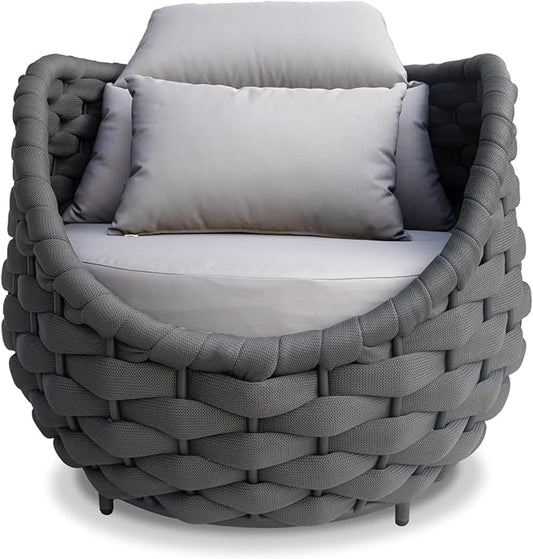 Woven Rope Outdoor Chair: Aluminum Patio Accent Chair with Arms - Assembled Cushioned Lounge Chair for 400lbs - Morden Porch Furniture Seating for Deck Balcony Garden Pool Backyard Hotel Resort