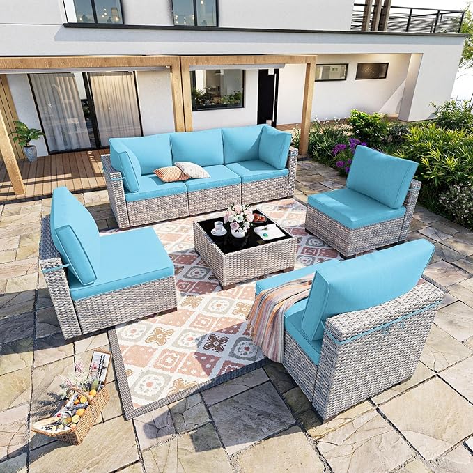 7-Piece Patio Furniture Set, Outdoor Sectional with Thick Cushions, Modular Patio Sofa, Dual-Strand Wicker Rattan, Rust-Resistant Frame, Backyard Furniture for Garden, Deck, Blue