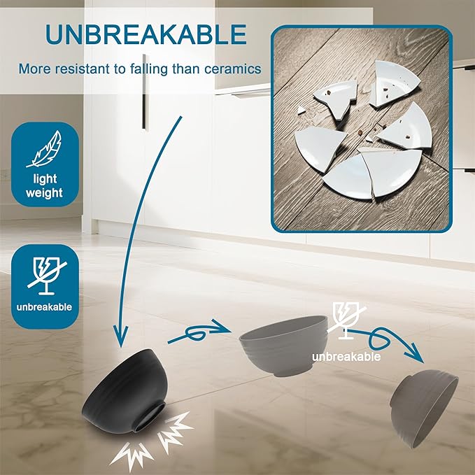 Black Wheat Straw Dinnerware Sets For 8 (32pcs),Unbreakable Dinnerware Set,Dishwasher Safe,Plastic Reusable Lightweight Rv Dishes Cups Plates and Bowls Sets for Camping Kitchen Picnic