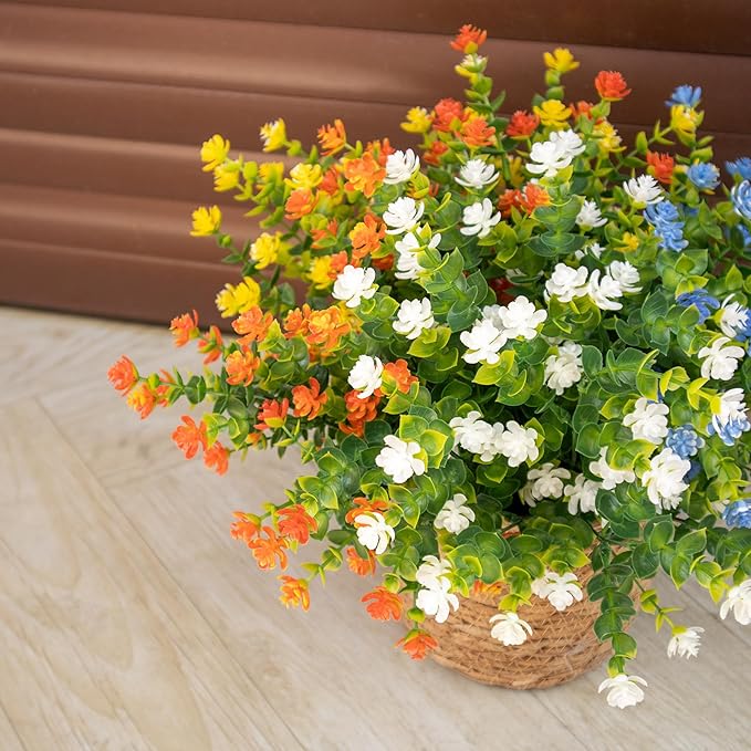 Artificial Flowers Outdoors, 12 Bundles Fake Flowers UV-Anti for Decoration Faux Plastic Plants Garden Porch Window Box Décor,YellowBlueWhiteOrange