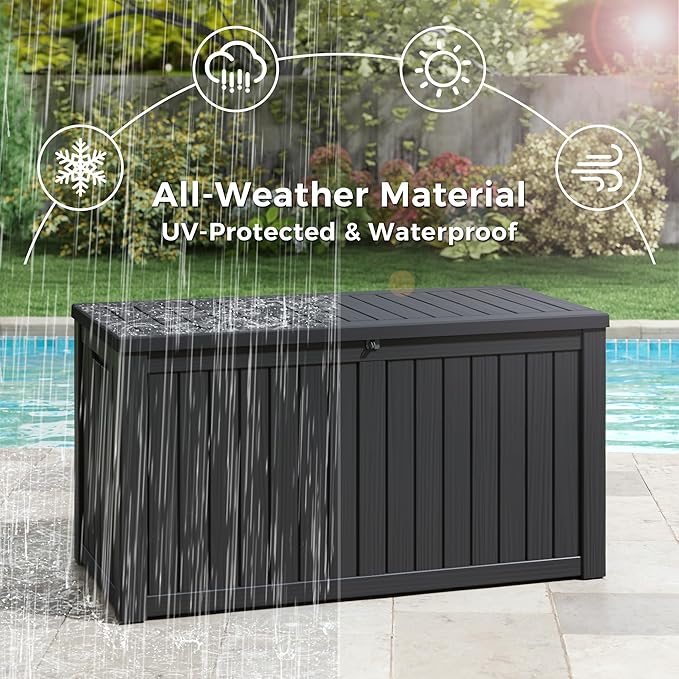 151 Gallon Outdoor Storage Box,Resin Large Sturdy Deck Box, Backyard Outside Storage Box Waterproof with Double Wall Panels,Package Delivery Garden Outdoor Hose Storage Bin,Black