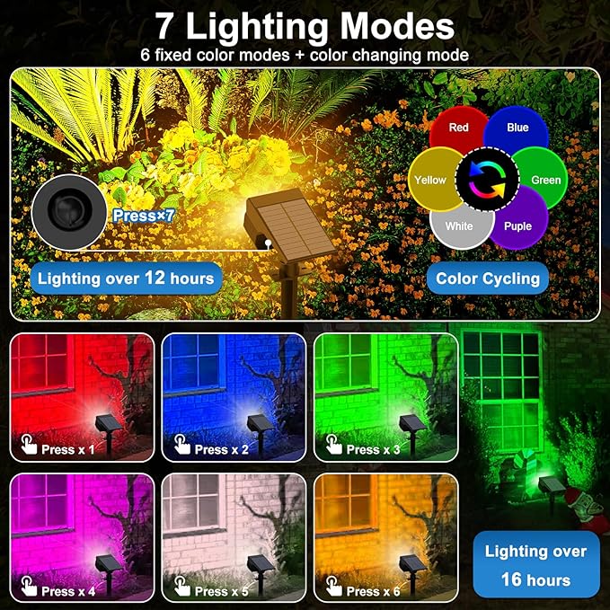 Solar Color Changing Spot Lights Outdoor Waterproof Colored RGB Solar Powered Landscape Lights for Yard 7 Lighting Modes Multicolor Solar Spotlights for Pathway Garden Outside (6 Pack)