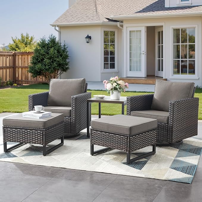 Patio Furniture Set with Swivel Chairs-5 Piece Outdoor Swivel Rocker Patio Chairs with Ottomans Rattan Side Table, Comfy Cushion Outdoor Furniture Set for Porch Deck Garden Backyard(Brown/Grey)