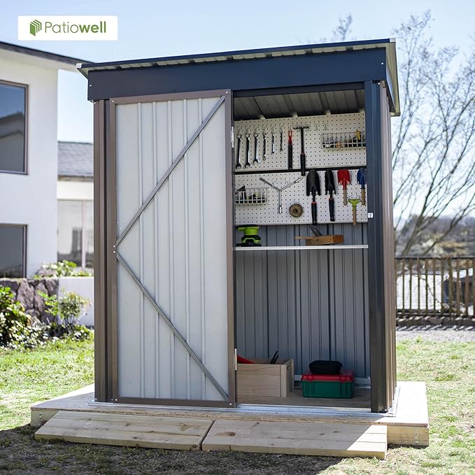 Patiowell 5x3 FT Outdoor Storage Shed, Tool Shed with Sloping Roof and Lockable Door, Metal Shed for Backyard Garden Patio Lawn, Brown