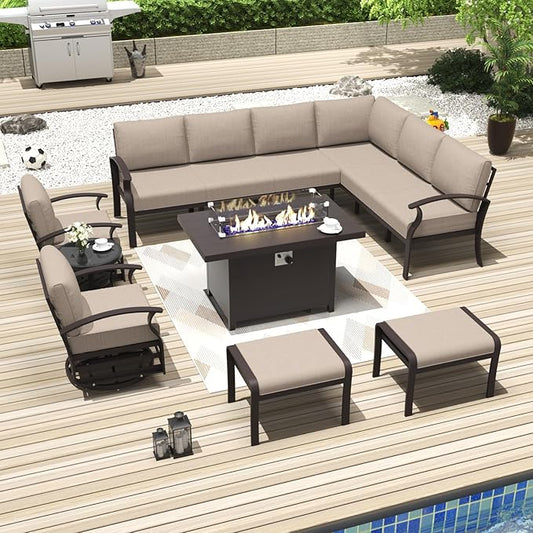 Kurapika Patio Furniture Set 10-Piece Aluminum Sectional Sofa with Armrest, Modern Outdoor Conversation Set w/55000 BTU Propane Fire Pit Table, Metal Corner Sofa with Ottoman, Sand