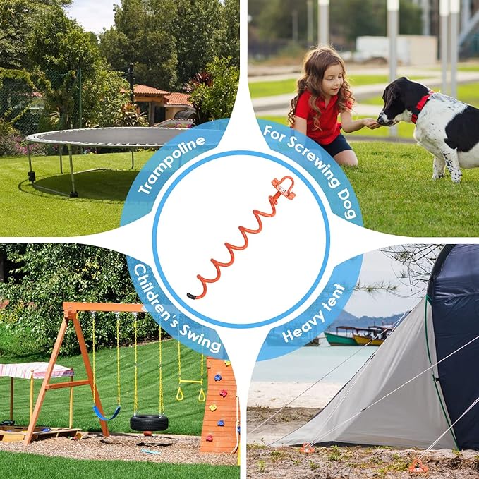 MIXXIDEA 17.5 Inch Gound Anchors Screw in, Metal Spiral Earth Anchors Kit, Heavy Duty Folding Ring Spiral Stake with Straps, Ground Stakes for Tent (Orange, 17.5 Inch with 92in Strap)