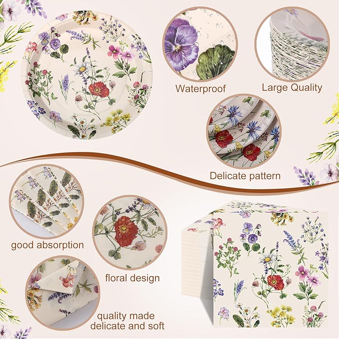 250 Pcs Wildflower Party Decorations Include Spring Summer Floral Paper Plates Napkins and Cups for Wildflower Baby Shower Tea Decorations, Serve 50 Guest(Multicolor,Rustic Style)