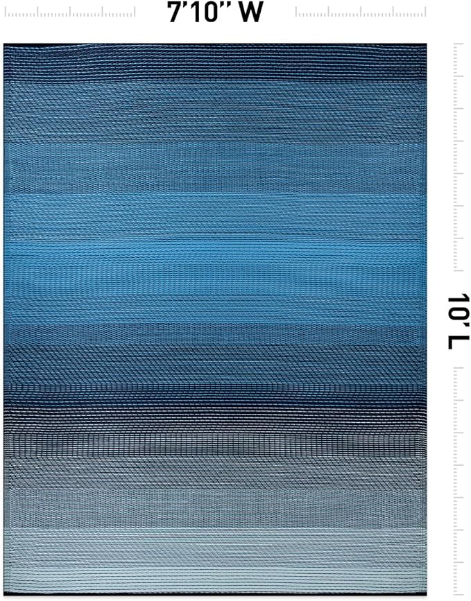 Rugshop Stripe Shade Reversible Crease-Free Waterproof Premium Recycled Plastic Outdoor Rugs for Patio,Backyard,RV,Deck,Picnic,Trailer,Beach,Camping,Sunroom Sky/Blue 7'10" x 10'