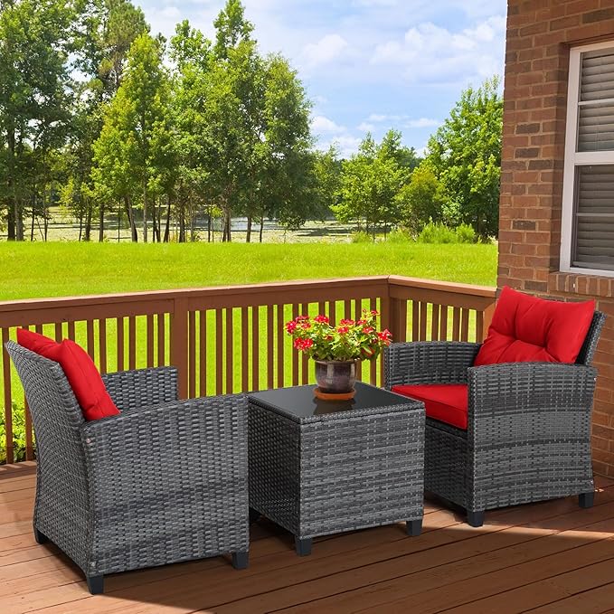 HAPPYGRILL 3 Pieces Patio Conversation Set, Outdoor Furniture Set PE Rattan Sofa Set with Removable Cushions, PE Wicker Chairs with Tempered Glass Side Table for Porch Lawn Garden Balcony Backyard