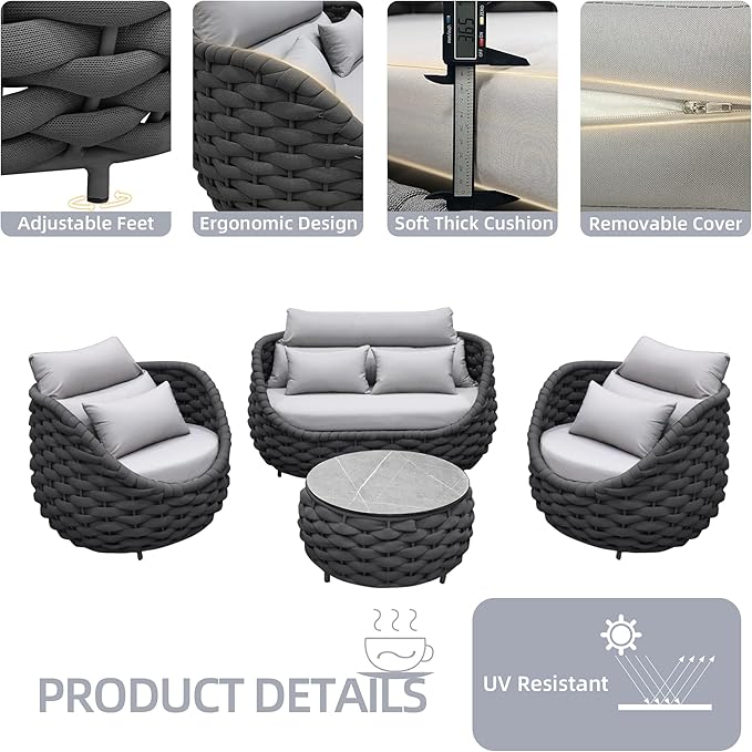 TWT Patio Furniture Sofa Set 4 Pieces Aluminum Outdoor Furniture w/27.8in Coffee Table,Patio Conversation Set with Dark Grey Textilene Rope Grey Cushions for Sunroom Backyard Poolside Indoor