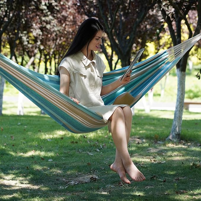Brazilian Hammock with Tree Straps - Canvas Hammocks Portable Hammock with Carry Bag for Backyard, Porch, Outdoor and Indoor Use Blue & Green