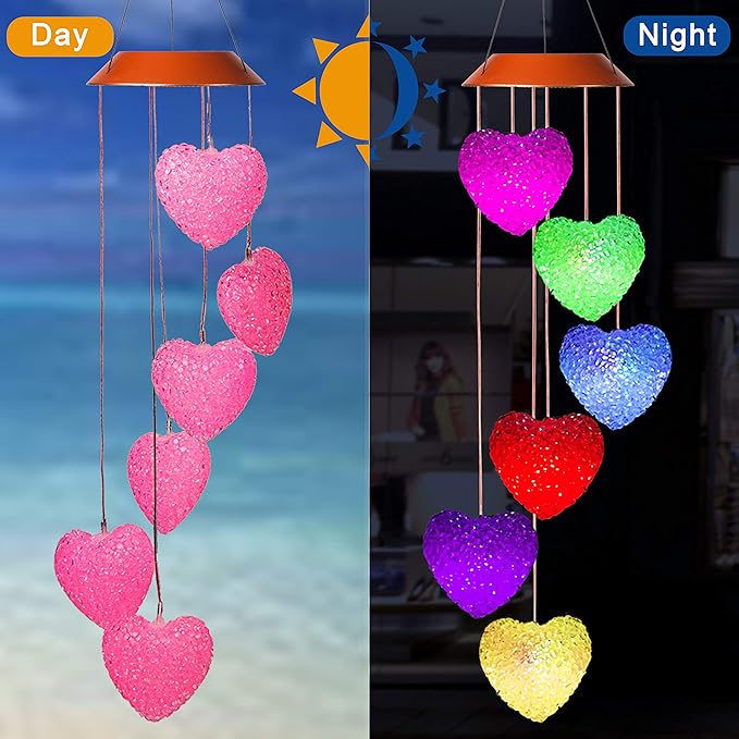 Loving Heart Solar Wind Chimes Outdoor Hanging - Waterproof Solar Powered LED Changing Lights Color Mobile Romantic Wind-Bell 6 Heart-Shaped Wind Chimes Gifts for Home, Party, Night Garden Decoration