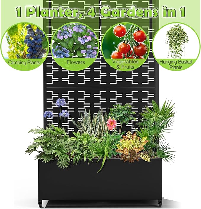 15.7"×70.9"×35.4" Metal Raised Garden Bed with Trellis and Wheels - Tall Trellis Planter Box for Climbing Plants, Vegetables & Vines - Outdoor Privacy Planters for Patio (Black-Brick)