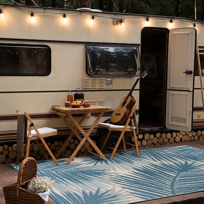 Rugshop Tropical Floral Reversible Crease-Free Waterproof Premium Recycled Plastic Outdoor Rugs for Patio,Backyard,RV,Deck,Picnic,Trailer,Beach,Camping Blue 5' x 7'