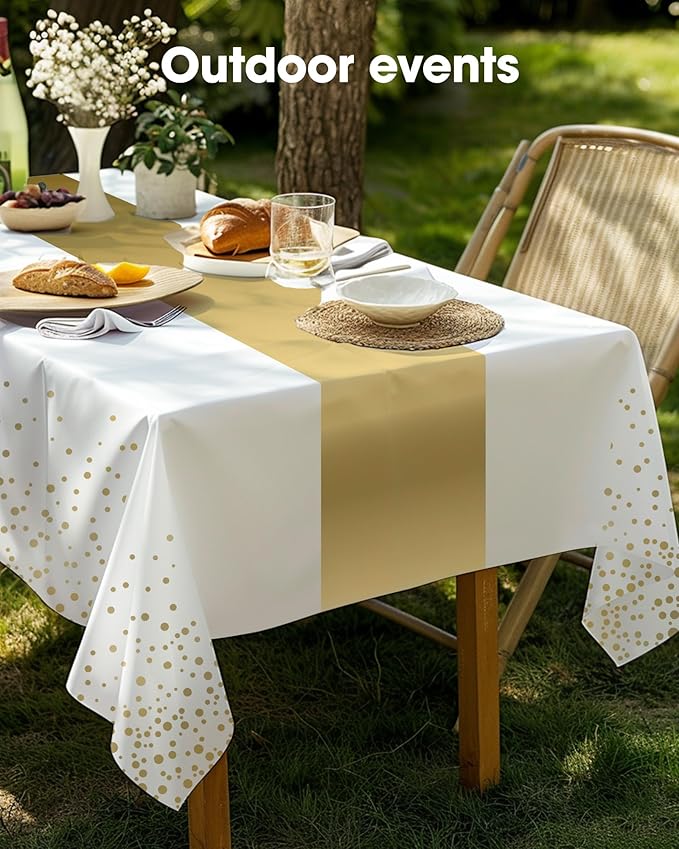 Pureegg Plastic Table Cloth Disposable 8 Pack, 54 x 108 Inch, Table Runner Style, Graduation Decorations 2025, Party Tablecloths, Rectangle, Plastic Cover, Leakproof & Sturdy, White Gold