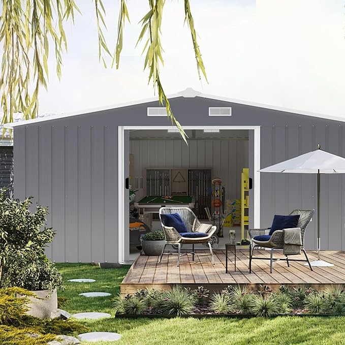 KEIKI 10'x12' Metal Storage Shed, Outdoor Garden Shed with 2 Doors & 2 Windows - Heavy-Duty Steel Construction, Includes Foundation Kit - Ideal for Backyard, Patio, Lawn Storage - Dark Gray