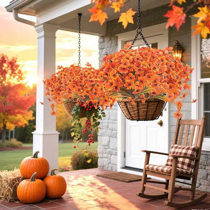 20PCS Autumn Fall Artificial Flowers Outdoor, Fall Porch Decorations, Realistic Waterproof Faux Flowers for Outside Porch Decor, Thanksgiving Halloween Home Garden Decor (Fall Red)
