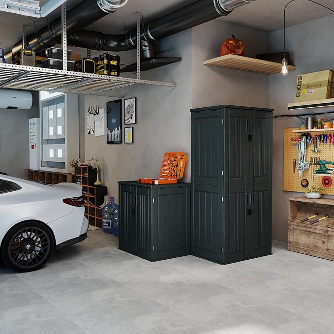 30 Cubic Ft. Vertical Resin Outdoor Storage Shed with Lockable Double Doors,Tall Storage Cabinet with 4 Shelves, Weather-Resistant Multi-Wall Panels,Storage Shed for Patio, Garden, Yard, Grey