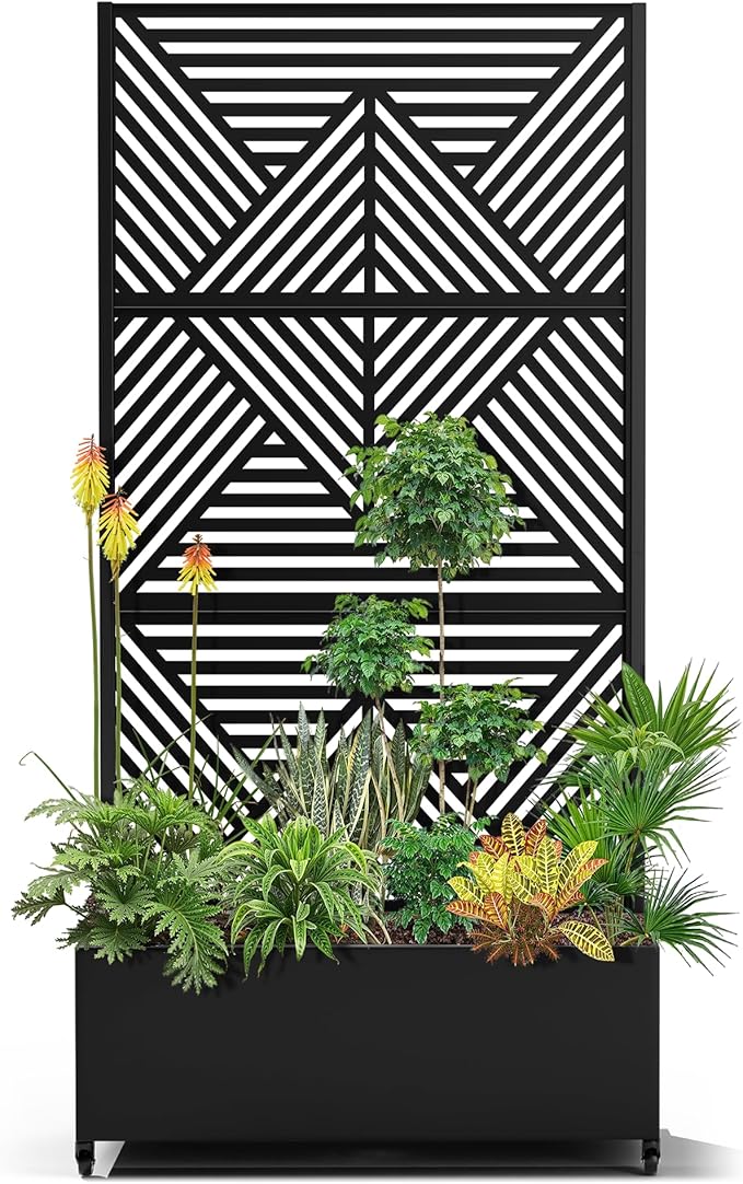 15.7"×70.9"×35.4" Metal Raised Garden Bed with Trellis and Wheels - Tall Trellis Planter Box for Climbing Plants, Vegetables & Vines - Outdoor Privacy Planters for Patio (Black-Zodiac)