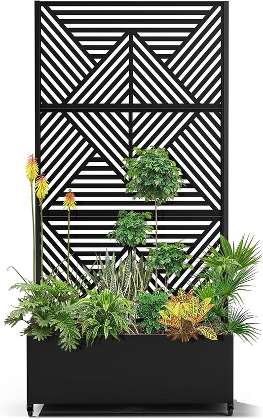 15.7"×70.9"×35.4" Metal Raised Garden Bed with Trellis and Wheels - Tall Trellis Planter Box for Climbing Plants, Vegetables & Vines - Outdoor Privacy Planters for Patio (Black-Zodiac)