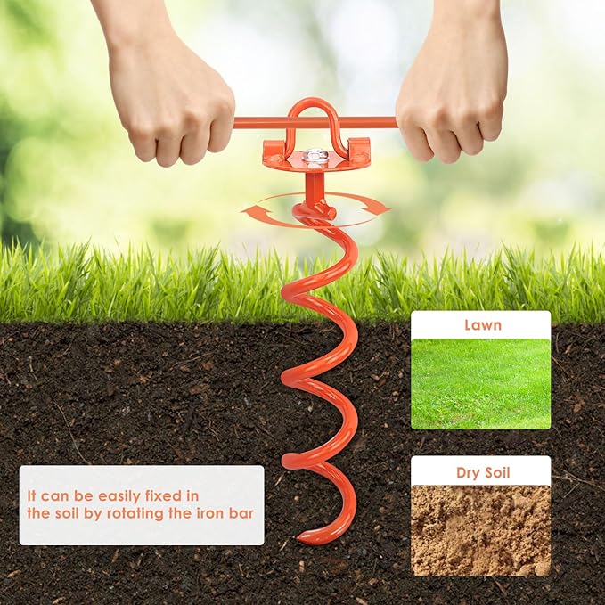 MIXXIDEA 11.4 Inch Gound Anchors Screw in, Metal Spiral Earth Anchors Kit, Heavy Duty Folding Ring Spiral Dog Tie Out Stake, Ground Stakes for Tent Trampolines, Garden Fence, Sheds, Swings (Orange)