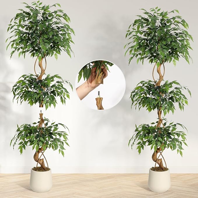 GarveeHome Ficus Artificial Tree with Curved Trunk，6 ft Faux Plant Fake Silk Trees with White Pot, Fake Ficus Tree for Home Decor, Artificial Plants Indoor for Office Living Room