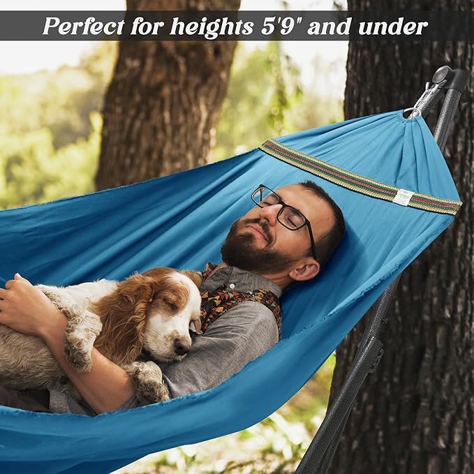 Tranquillo Uniki Hammock Stand 550 lbs Capacity, Portable, Collapsible Outdoor Hammock with Stand, Signature Steel Stand Breathable Canvas Hammock Net, Blue