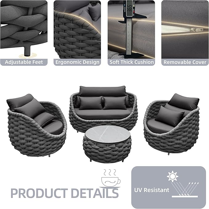 5 Pieces Patio Furniture Set, Outdoor Rope Conversation Sectional Patio Sofa with 5 Seater for Backyard, Porch, Modern Armchairs with Thickness Cushions and Side Table, Dark Grey