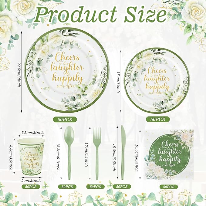 350 Pcs Eucalyptus Leaves Bridal Shower Paper Plates Napkins Cups Disposable Sage Green Tableware Set With Knives Forks Cheers to Love Party Favors for 50 Guest Wedding Engagement Decor