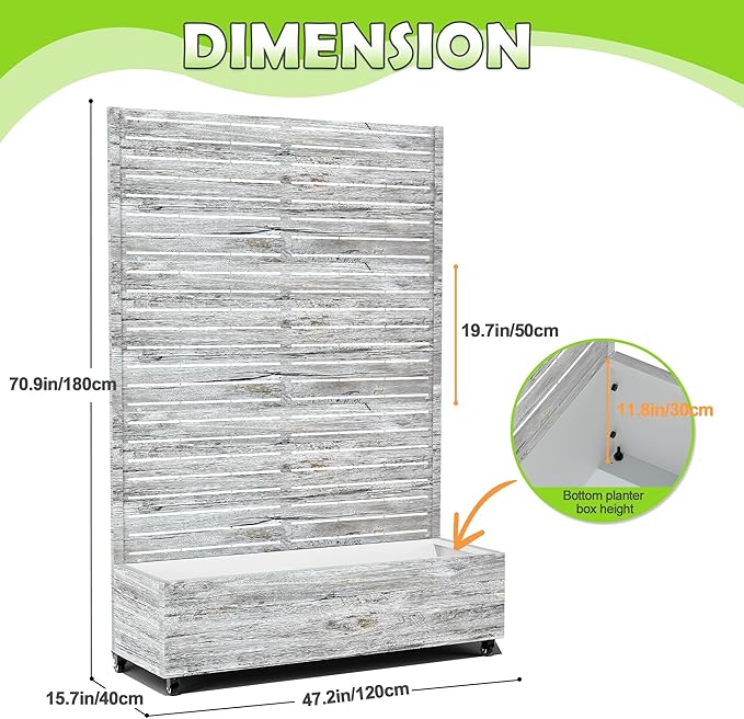 15.7"×70.9"×47.2" Metal Raised Garden Bed with Trellis and Wheels - Tall Trellis Planter Box for Climbing Plants, Vegetables & Vines - Outdoor Privacy Planters for Patio (White Oak Grain)