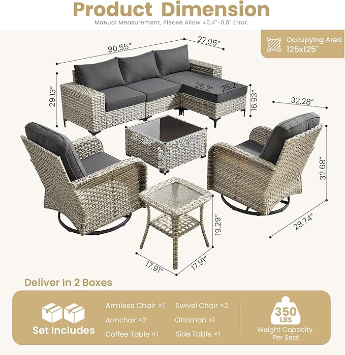 HOOOWOOO Outdoor Sectional Furniture Set,8 Pieces Wicker Patio Conversation Sets,L Shape All Weather Outside Couch Sofa Set with Swivel Chairs Ottoman,Black