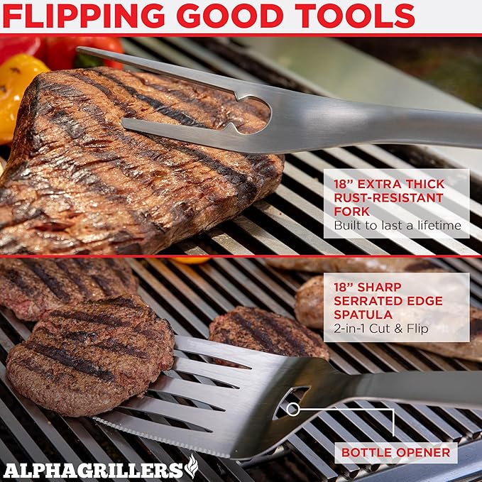 Alpha Grillers Grilling Accessories - Grilling Gifts for Men - BBQ Accessories Grill Tools Set with Spatula, Fork, Brush & Tongs - Outdoor Barbecue Utensils Gifts for Men Dad Him Boyfriend