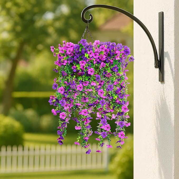 8PCS Artificial Hanging Flowers for Outdoors,Hanging Outdoor Faux Plants,UV Resistant Fake Flowers for Outdoor Planters,Realistic Fake Plants Spring Decor for Porch,Patio,Yard (DoublePurple)