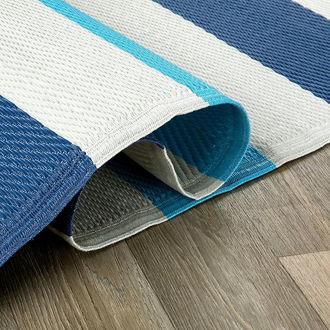Rugshop Contemporary Stripe Reversible Crease-Free Waterproof Premium Recycled Plastic Outdoor Rugs for Patio,Backyard,RV,Deck,Picnic,Trailer,Beach,Camping,Sunroom Blue 5' x 7'