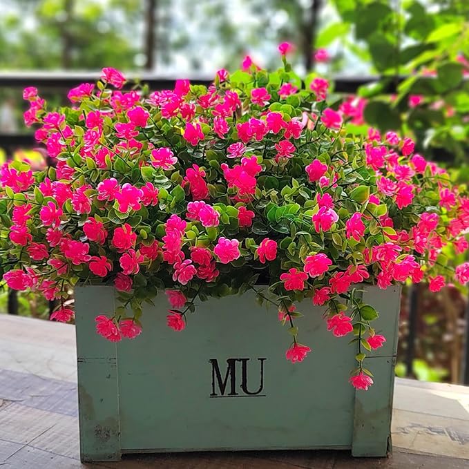 12 Bundles Artificial Flowers for Outdoors, UV Resistant Fake Flowers with Plastic Plants, Faux Flowers for Outside Window Box Front Porch Hanging Planter Decor (Pink)