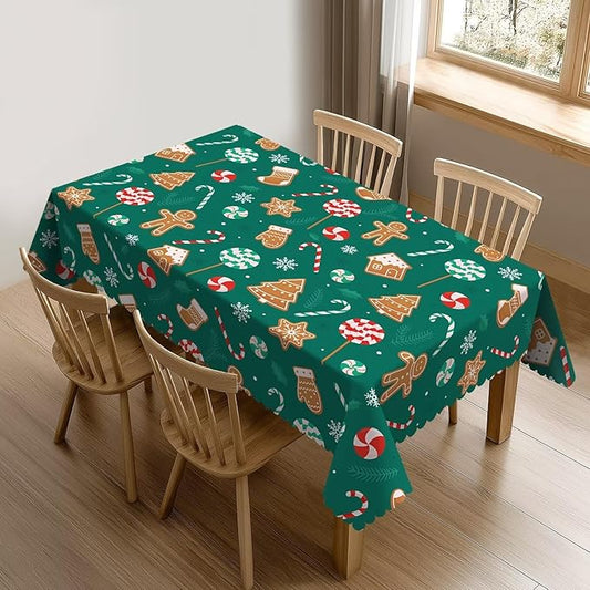 Christmas Candy Cane Tablecloth for Dining Tables, Reusable Snowflake Cookies Table Cloths Tabletop Decoration Holiday Green Xmas Tree Rectangle Table Cover for Home,Kitchen,Party,54x72Inch