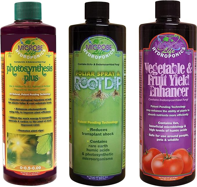 Microbe Life Hydroponics Additive Kit, Includes One 16-Ounce Bottle Each of Photosynthesis Plus, Foliar Spray & Root Dip, and Vegetable and Fruit Yield Enhancer, Use with Any Feeding Systems
