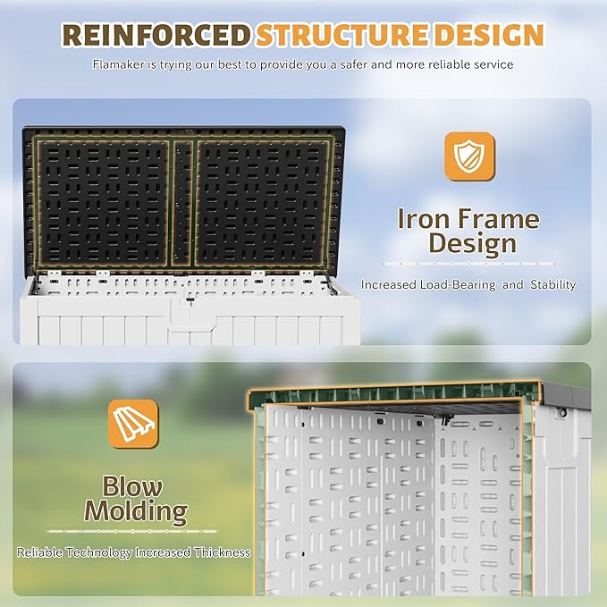 Flamaker Resin Deck Box 250 Gallon, Waterproof Imitation-Wood Lockable Storage Box with Separator Plate Outdoor Indoor, Garden, Patio Furniture for Tools&Pool Accessories (White with Black Cover)