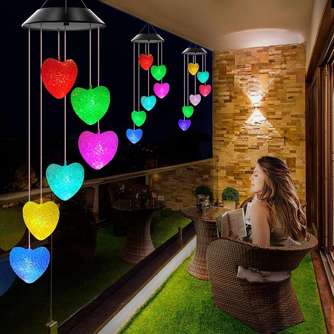 Solar Wind Chimes Outdoor Color Changing Lights, Gift for Women Mom Grandma Sister Best Gifts, Wind Chimes Unique Outdoor Garden Yard Decor (Heart)