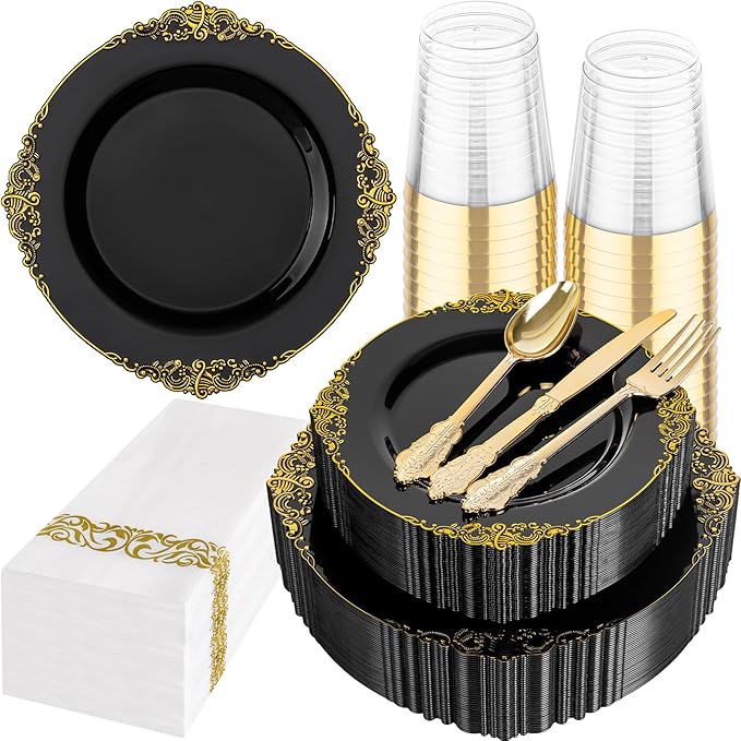 Hioasis 175pcs Black and Gold Plastic Plates - Elegant Disposable Dinnerware Set Suitable for 25 Guests Include 10.25" Dinner & 7.5" Dessert Plates, Cutlery, Napkins, Cups for Party & Halloween