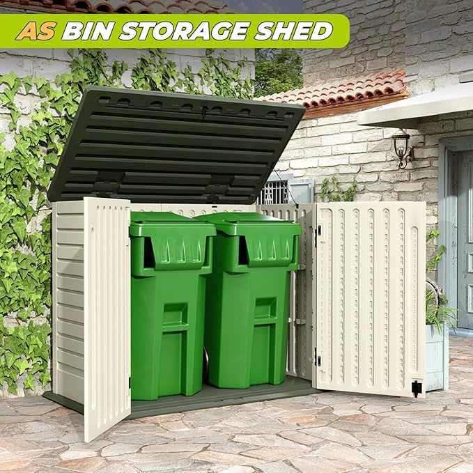 Amopatio Horizontal Outdoor Storage Shed, 34.5 Cu Resin Outdoor Storage Cabinet Waterproof, Outside Cabinet Weather Resistant for Trash Cans, Lawn Mower, Garden Tools, Patio Furniture, Light Grey