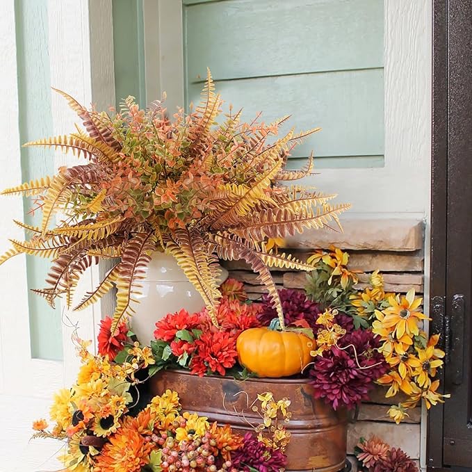 Uieke 6PCS Artificial Fall Flowers Outdoor UV Resistant, 3PCS Fall Fake Plants with 3PCS Autumn Boston Fern Plants Bushes for Outside Garden Front Porch Sidewalk Window Box Fall Décor Orange