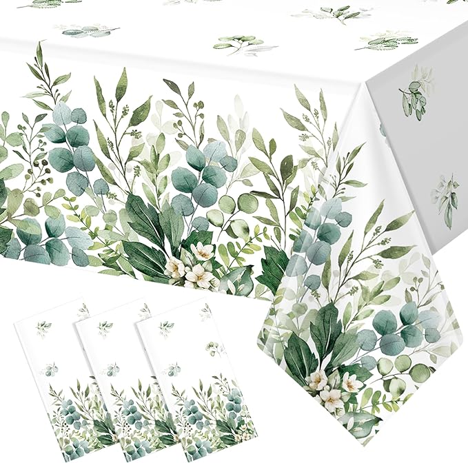 3 Pack Spring Sage Green Baby Shower Plastic Tablecloth, Eucalyptus Leaf Disposable Table Cover, Summer Rectangle Table Cloth for Bridal Baby Shower Birthday Wedding Party Decorations, 54x108 Inch